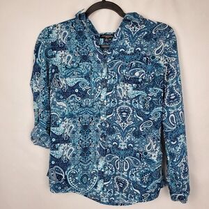 Notations Petite Paisley Button Down Shirt Roll Tab Sleeve Blue w/ Pockets Sz PS